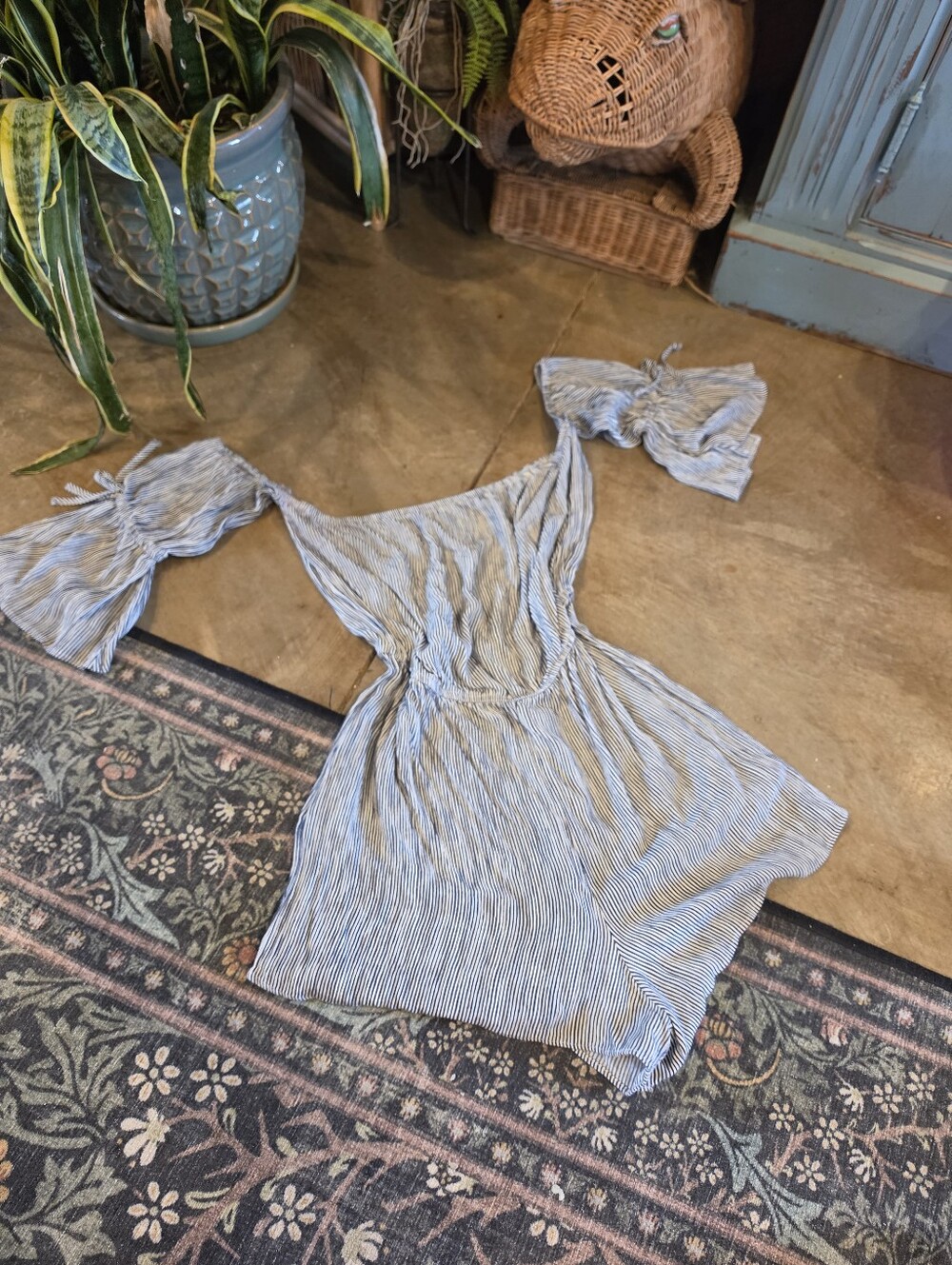 American Eagle Blue White Striped Off Shoulder Short Romper